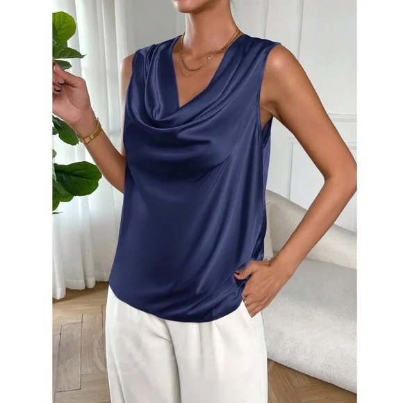 Satin Draped Cowl Neck Sleeveless Blouse Blue - Picture 6 of 8